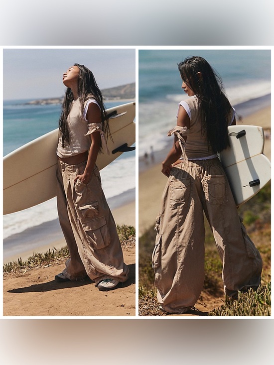Free People Pants - Free People Movement Charmer Utility Pant Wide Leg Barrel Baggy Large Sand Beige
